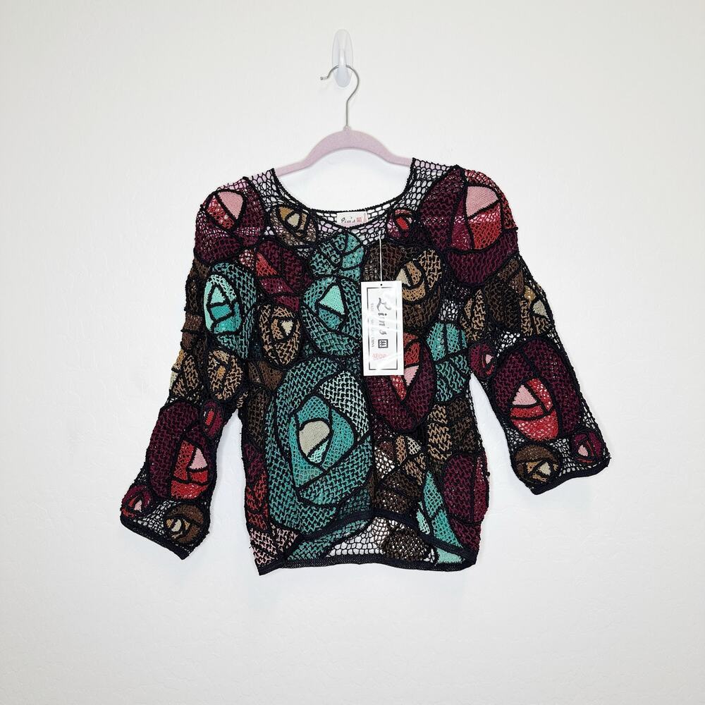Lim’s 1980's Vintage Hand Crocheted Jewel Tone Cotton Abstract Top Small